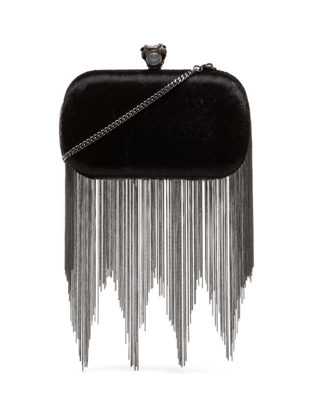 House of Harlow 1960 Black Velvet Clutch with Silver Chain Fringe
